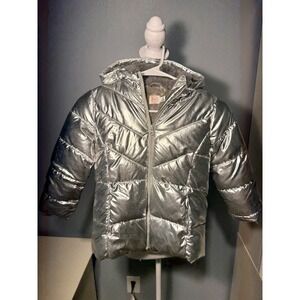 Wonder Nation Girls Silver Puffer Jacket Hooded Faux Fur Lined Size XS 4-5